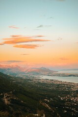View from the top of the mountain with forest on the Adriatic sea at a beautiful bright sunset