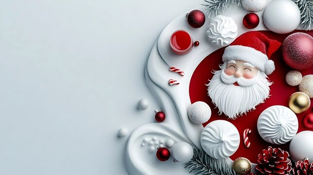 Santa Claus surrounded by Christmas red and white decorations
