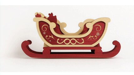 Wooden toy sleigh, colorful design, white isolated background.