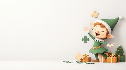 Fototapeta premium Cheerful elf celebrating with gifts and puzzles, isolated on a white background.