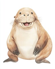Cute happy walrus cartoon in watercolor style, perfect for nursery decor and children's room art