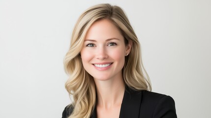 Naklejka premium A woman with long blonde hair and a warm smile poses confidently against a neutral background, showcasing professionalism and approachability