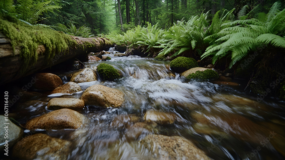 Poster tranquil forest stream flowing over smooth rocks with ferns and moss.