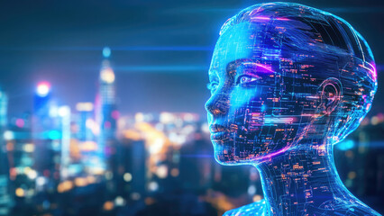 Neon-outlined profile of a woman combined with digital interfaces over a cityscape at night