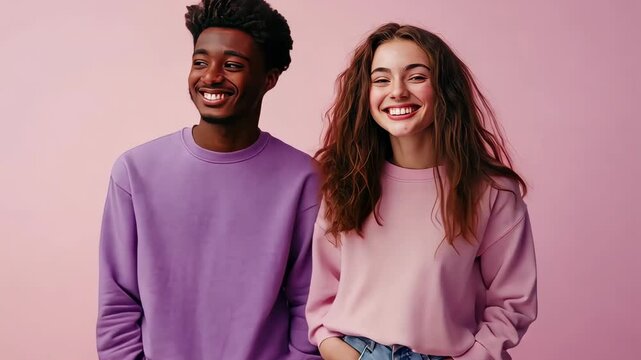 man and woman in purple sweatshirts and denim jeans, simple solid pastel background