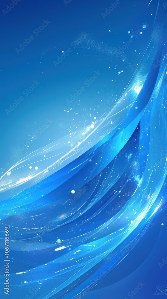 Poster a stunning blue abstract background with flowing waves and sparkling particles, creating a serene di