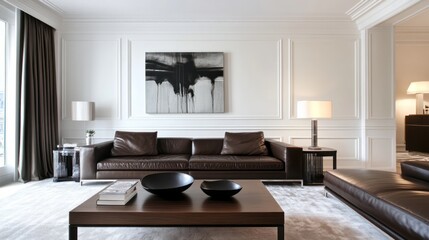 Modern Living Room with Brown Leather Sofa and Abstract Artwork