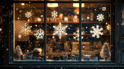 Cozy winter scene through a shop window adorned with intricate snowflake decals, featuring festive decorations and warm drinks, capturing the essence of holiday spirit and warmth.