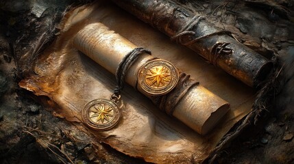 An antique scroll with a compass charm rests on parchment.