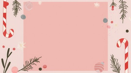 Obraz premium Minimalist Christmas greeting card design featuring candy cane, fir branches, and various shaped decorations on red banner with ample space for text or additional elements. 