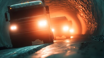 Two vehicles colliding head on in a dark dimly lit tunnel with their headlights and taillights reflecting off the tunnel walls creating a dramatic high intensity scene of chaos and destruction