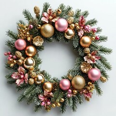 Elegant Christmas wreath decorated with balls and pine cones. The perfect holiday decoration for a cozy seasonal atmosphere.