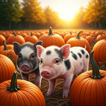 Mini piglets exploring a pumpkin patch