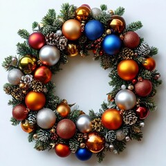 Elegant Christmas wreath decorated with balls and pine cones. The perfect holiday decoration for a cozy seasonal atmosphere.