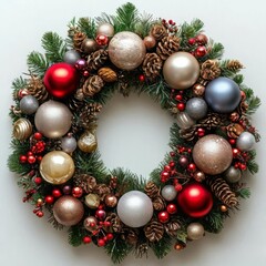 Elegant Christmas wreath decorated with balls and pine cones. The perfect holiday decoration for a cozy seasonal atmosphere.