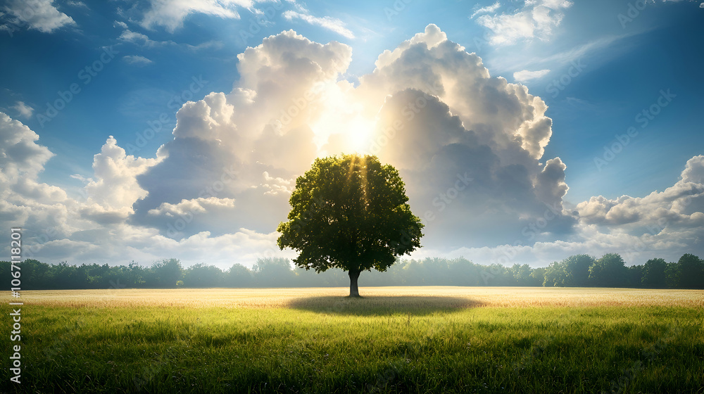 Poster a single tree stands tall in a field, bathed in the warm glow of the sun as it breaks through the cl