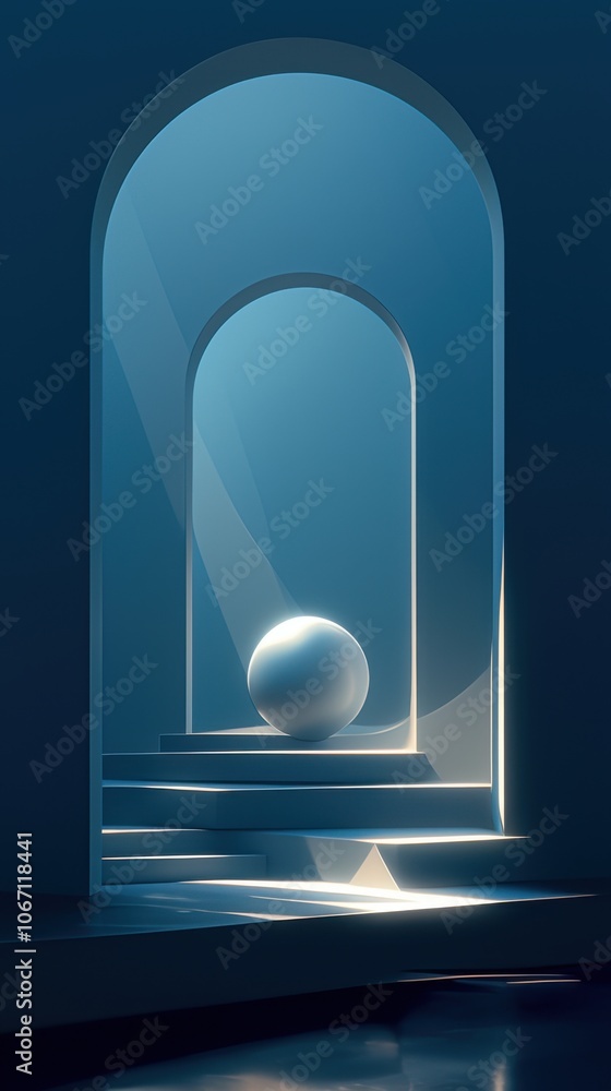 Poster a serene blue abstract scene featuring a luminous orb resting on steps within a series of archways.