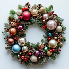 Elegant Christmas wreath decorated with balls and pine cones. The perfect holiday decoration for a cozy seasonal atmosphere.