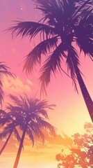 Obraz premium Silhouetted palm trees against a vibrant sunset sky creating a tropical paradise atmosphere.