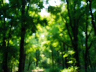 Obraz premium Blurred background of lush green forest with sunlight filtering through the leaves, creating a serene and peaceful atmosphere, green