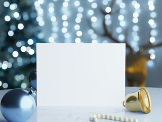 Horizontal Greeting card with cute candy cane bell ornament and reindeer decor on table. Stylish Christmas tree with blue lights background. Christmas card mock up template with copy space.