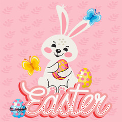Fototapeta premium Easter card with bunny on pink background