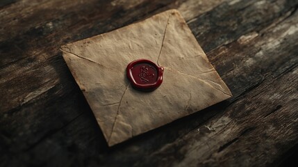 old envelope with red wax seal on old wooden background,