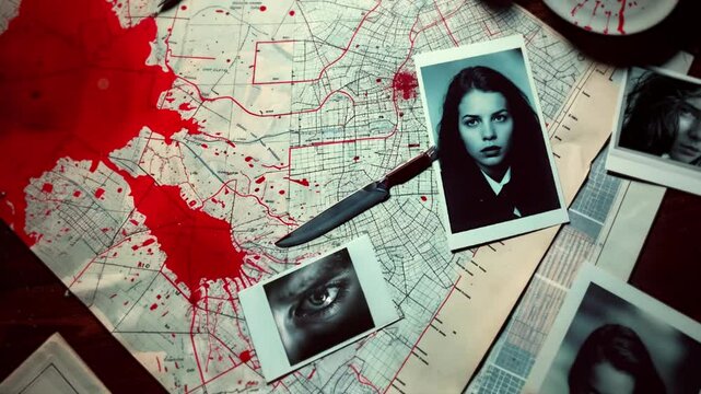 Murder investigation board with bloodstained map, photographs of women, and documents. Detective's desk with evidence of serial killer case. True crime background for a wallpaper