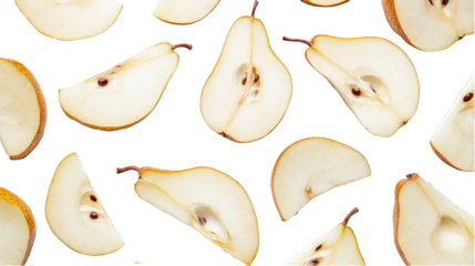 Falling pears and a half yellow and green pear fruits isolated on transparent background