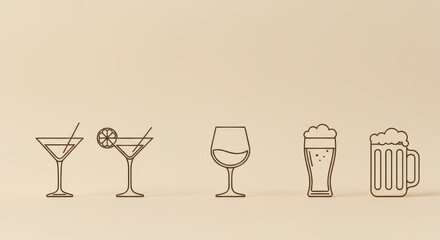 Minimalist Line Art of Cocktail Glasses and Beer Mugs on Pastel Background .International Bartender's day Concept.