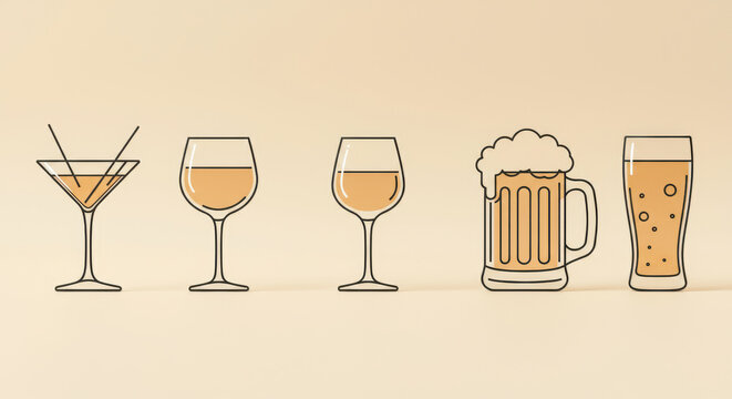 Minimalist Illustration of Various Alcoholic Beverages in Glasses and Mugs on a Neutral Background. International Bartender's day Concept.