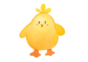 Baby chick, Easter themed cute funny animal, watercolor hand drawn illustration of yellow chicken isolated on white background. clip art and cut out element design