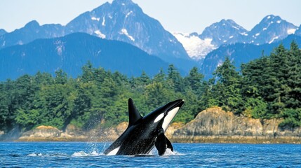 Obraz premium Majestic Orca Breaching in Serene Coastal Waters