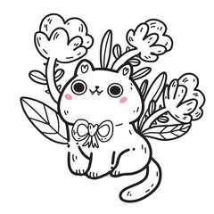 Vector illustration of a kawaii fluffy kitten with a bow and a smile, with flowers, leaves on a white background. The black and white drawing for coloring.