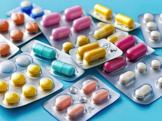 Multicolored  pills and capsules on blue background.