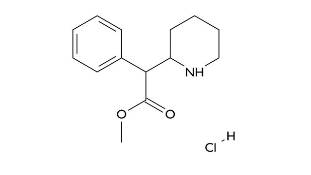 dexmethylphenidate hydrochloride molecule, structural chemical formula, ball-and-stick model, isolated image synthetic sympathomimetic amine