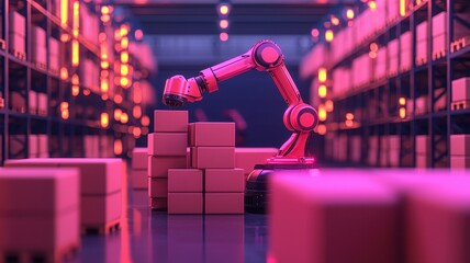 A robotic arm organizes boxes in a neon-lit warehouse, showcasing advanced automation in a modern storage environment.
