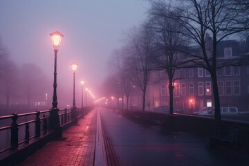 A foggy day architecture illuminated cityscape.