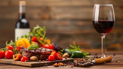 Perfectly grilled and sizzling T bone steak served with a side of roasted vibrant vegetables and a glass of rich full bodied red wine on a wooden table  A gourmet