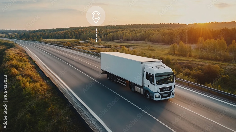 Poster white truck navigating highway with gps icons indicating tracking route and location