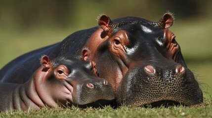 Fototapeta premium Calm Hippos Resting Together in Natural Setting