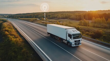 White truck navigating highway with gps icons indicating tracking route and location