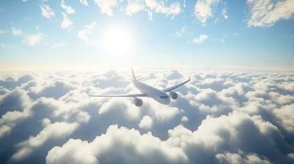 Fototapeta premium Airplane Flying Over Cloudy Sky at Sunrise