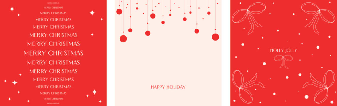 Fototapeta Set of minimalistic Christmas vector cards. Red and pink festive frames. Christmas balls, bows and greeting inscriptions. Template for corporate cards. Creative way to congratulate.