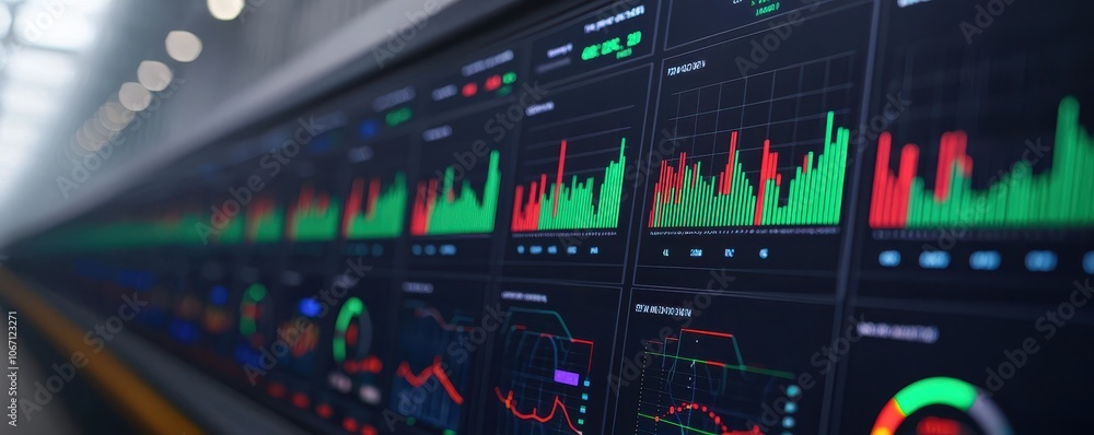 Poster a close-up view of dynamic financial charts displaying green and red trends, showcasing market fluct