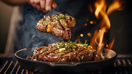 Fototapeta premium Close up view of a juicy marbled T bone steak being basted with melted butter minced garlic and fresh herbs as it sizzles over the open flame of a hot outdoor grill