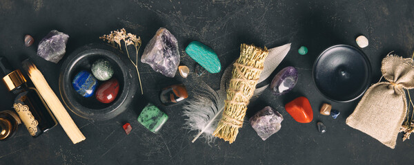 Holistic Healing Objects on Textured Dark Background