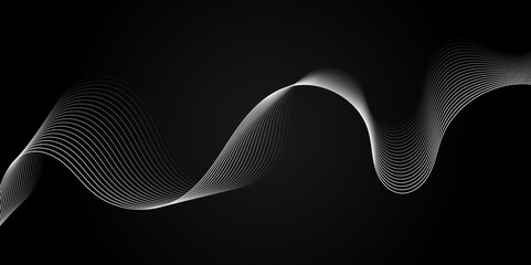 Abstract white wave dynamic curve lines on black background with flowing particles. Digital energy waves technology concept. Modern backdrop design for business, presentation, banner.