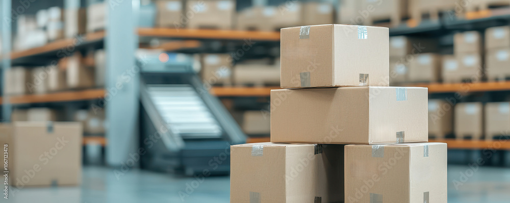 Poster a stack of cardboard boxes in a warehouse, with shelves filled with additional boxes in the backgrou
