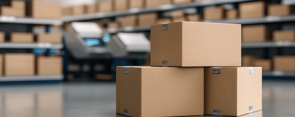 A stack of cardboard boxes in a warehouse, with shelves of more boxes in the background, illustrating storage and shipping logistics.